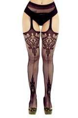 Black Damask Fishnet Seamed Faux Garter Belt to Thigh Garterhose Stockings