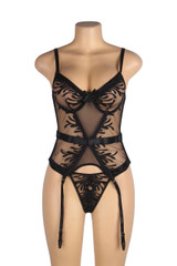 Minerva Black Sheer Embroidered Garter Cami Lingerie Set