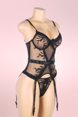 Minerva Plus Size Black Sheer Embroidered Garter Cami Lingerie Set