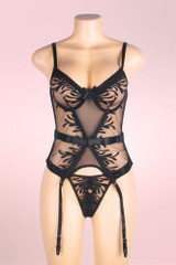 Minerva Plus Size Black Sheer Embroidered Garter Cami Lingerie Set