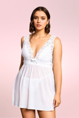 Catelyn White Bridal Plunging V Neckline Plus Size Babydoll Lingerie Sleepwear   worn by a model front view 