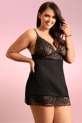 Alexis plus size black satin lingerie dress worn by a plus size model posing with one hand on her waist