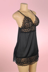 Alexis plus size black satin lingerie dress actual product picture on a mannequin quarter side view