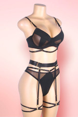 Olenna Black Mesh Harness Garter Lingerie Set with Thigh Straps