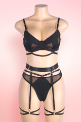 Olenna Black Bondage Lingerie Set with Garters
