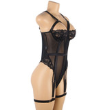 Willow Black Sheer Mesh Thigh Garter Bodysuit Teddy Lingerie actual product pictire on a mannequin quarter side view