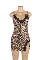 Yara Leopard Plus Size Black Lace Front Slit Sleepwear Chemise