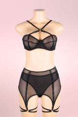 Black mesh Lingerie set on mannequin.front view.