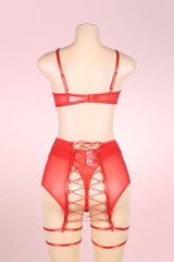 Pippa Red Mesh Bra Highwaist Garter Belt Panty Bondage Lingerie Set  actual product picture on a mannequin backview 