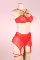 Pippa Red Mesh Bra Highwaist Garter Belt Panty Bondage plus size Lingerie Set actual product picture on a mannequin quarter side view 