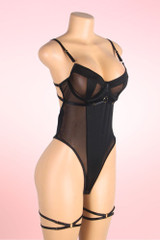 Allestra Bondage Mesh Teddy Bodysuit with Thigh Garters