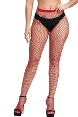 Red Medium Holes Full Waist to Toe Fishnet Pantyhose Stockings
