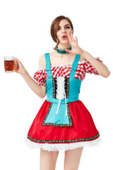 Deluxe Bavarian Teal and Red Apron Beer Maid Oktoberfest Costume