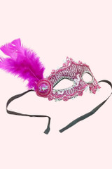 Actual product photo of Pink Lace and Masquerade Mask with Fuchsia Pink Side feather Accent side view