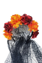 Yellow & Red Day of The Dead Flower Headband with Spiderweb Veil