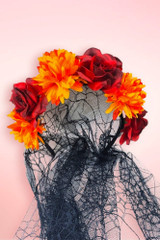 Yellow & Red Day of The Dead Flower Headband with Spiderweb Veil