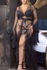 Luzianne Black Retro Glam Ruffled Tulle Long Dressing Gown