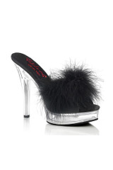 Pleaser USA Majesty 501 Black Marabou 5” Retro Clear Slip on Stiletto Mule High Heel Sandals
