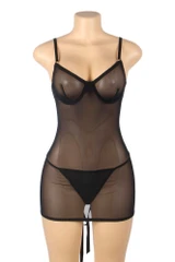 Hilda Plus Size Black Mesh Lace-up Back Lingerie Chemise