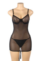 Hilda Black Mesh Lace-up Back Lingerie Chemise