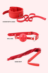 13 piece Red faux leather bondage kit : Choker with detachable leash, red breathable Plastic Ball Gag with holes, red Faux leather mini Hand Whip
