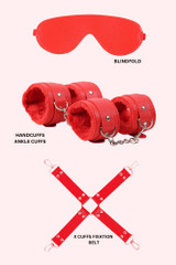 13 piece Red faux leather bondage kit: Red Blindfold, pair of handcuffs, pair of ankle cuffs, Hogtie Cross Strap 
