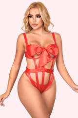 Nyssa Red Satin Strappy Crotchless Teddy Lingerie