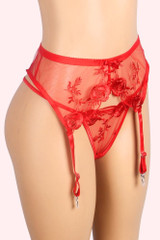 Fifi Red Floral Embroidered Garter Belt with Thong Lingerie Set