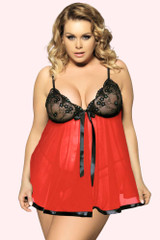 Vie Black Sequined Lace Cups with Red Mesh Fly away Empire Waist Plus Size Babydoll worn by a curvy model front view
