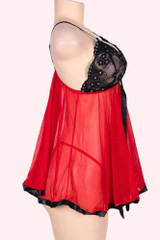 Vie Black Sequined Lace Cups with Red Sheer Mesh Fly away Empire Waist Babydoll actual product photo on a mannequin side view