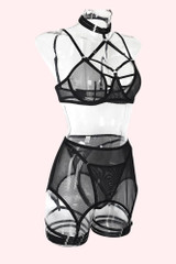 Nerissa Black Bondage Mesh Bra Garter Lingerie Set