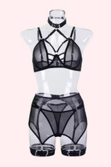 Nerissa Black Bondage Mesh Bra Garter Lingerie Set