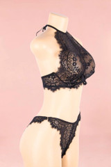 actual product picture of Carmi Black Halter Bralette and Panty Eyelash Lace Lingerie Set on a mannequin quarter side view