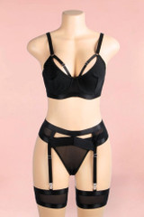 Thalee Black Strappy Bra Garter Lingerie Set