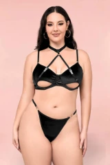 Mandy black velvet plus size lingerie set  worn by a model front view 