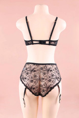 Actual product photo of Gemma Black Half cup lace Bralette and matching High waist garter panty lingerie set  on a mannequin back view