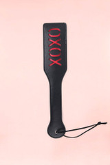 Black Xoxo Bondage PU Leather Spanking paddle bondage accessories with contrasting Black color, front view of product