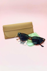 Sylvie Bad Librarian Tortoise Shell Leopard Cateye Retro Sunglasses  actual product photo with pleather case and microfiber cleaning cloth