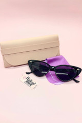 Sylvie Bad Librarian Black Cateye Retro Sunglasses actual product photo with pleather case and microfiber cloth
