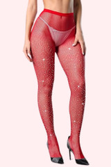 Red Sparkly Rhinestone Studded Fishnet Pantyhose worn by a model front view