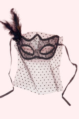 Retro Polkadot Venetian Black Masquerade Mask with Veil on a laid flatlaid fk