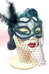 Retro Polkadot Venetian Black Masquerade Mask with Veil on a vintage mannequin head quarter side view