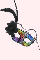 actual product photo of Rainbow Sequin Venetian masquerade mask with flower and Feather applique 
