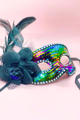 actual product photo of Rainbow Sequin Venetian masquerade mask with flower and Feather applique side view