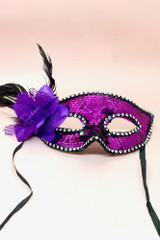 Actual product photo of Fuchsia Pink Sequin Masquerade mask with flower and feather front view