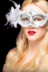 Silver Metallic Half Face Venetian Masquerade Mask worn by a model