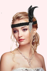 Black Feather Flapper Feather Headdress roaring 1920s costume accessory worn by a model