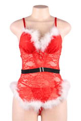 Santa Baby Red Lace Cami Corset with White Marabou Feather Trimmed Neckline and Hem actual product photo on a mannequin front view
