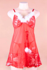 Noelle Plus Size Christmas Babydoll Lingerie in red lace and mesh with white marabou neckline trimmings and pompom ties actual product photos on a mannequin front view