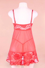 Noelle Plus Size Christmas Babydoll Lingerie in red lace and mesh with white marabou neckline trimmings and pompom ties actual product photos on a mannequin  back view